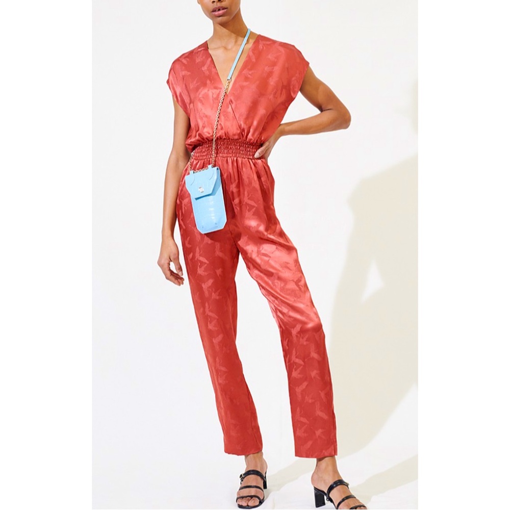 MAJE | NWOT $375 Pera Wrap-Effect Satin-Jacquard Jumpsuit in Terracotta, Size 8